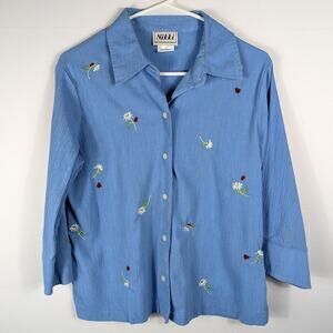 Nikki 8P Blue Embroidered Top & Pants Set Women 2-Piece Crinkle Cotton Blend